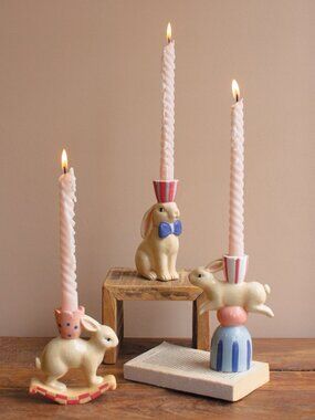 Set of 3 Ceramic Bunny Taper Candle Holders NEW
